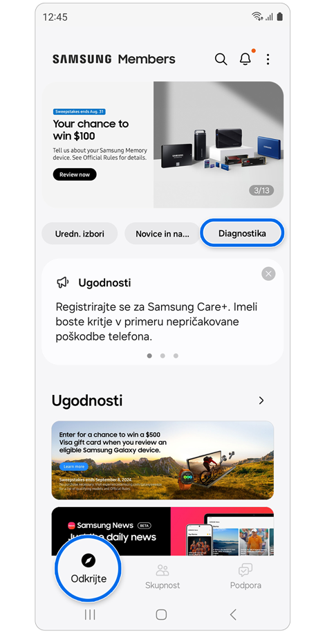 Aplikacija Samsung Members zavihek Odkrijte.