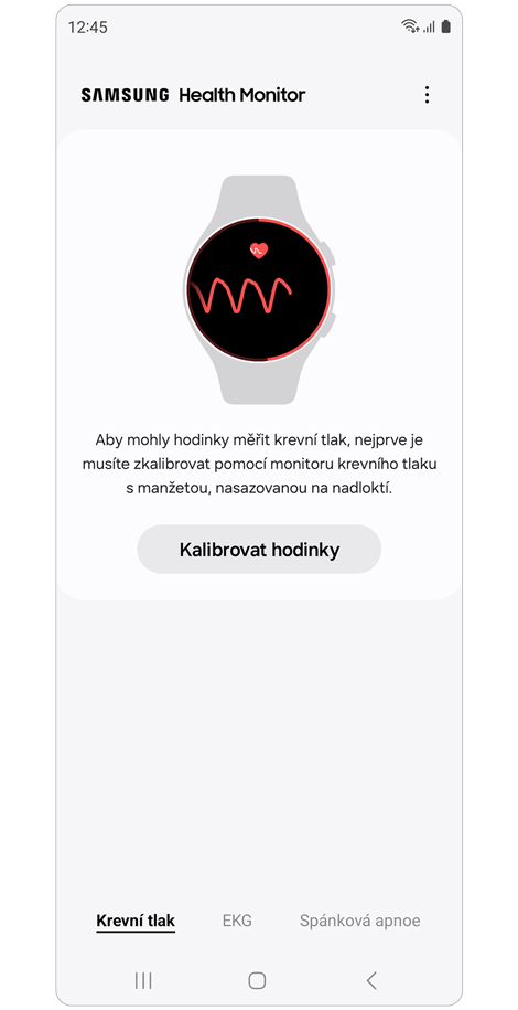 Kalibrační obrazovka v aplikaci Health Monitor na telefonu Galaxy.