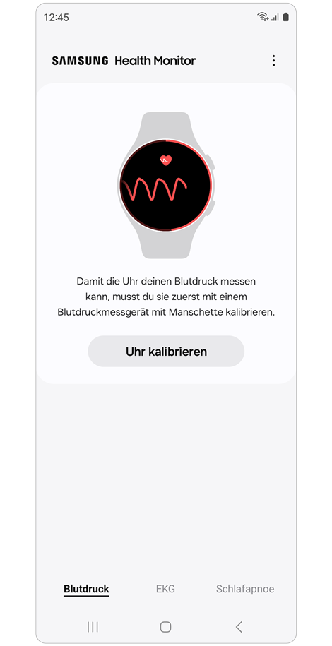 Kalibrierungsbildschirm in der Health Monitor App auf einem Galaxy Smartphone.