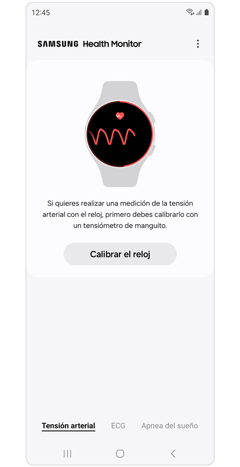Pantalla de calibración en la aplicación Health Monitor del teléfono Galaxy.