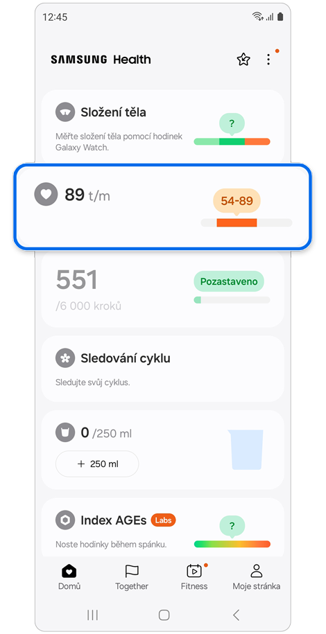 Domovská obrazovka aplikace Samsung Health.