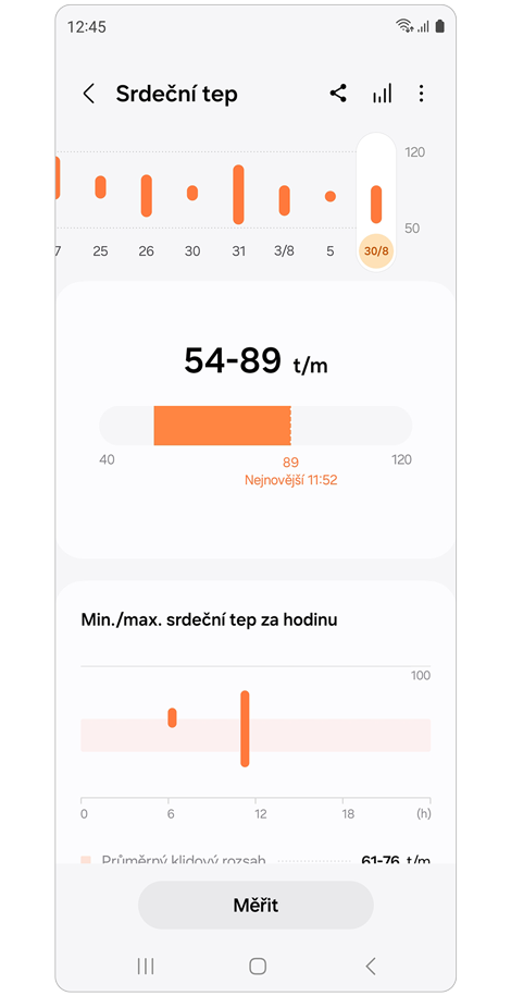 Obrazovka Srdeční tep zobrazující nejnovější záznam.