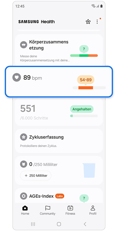 Startbildschirm der Samsung Health App