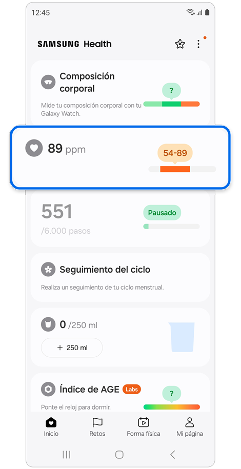 Pantalla de inicio de la aplicación Samsung Health.