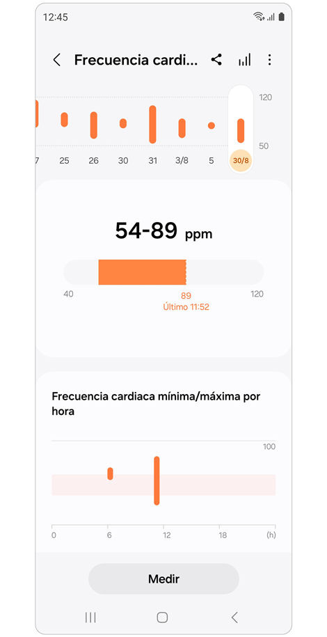 Pantalla de frecuencia cardíaca que muestra la grabación más reciente.