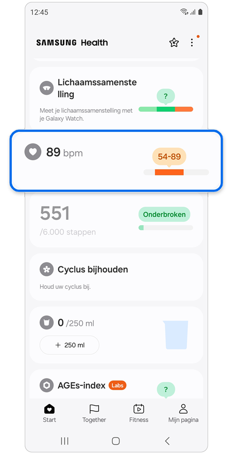 Samsung Health-app startscherm.