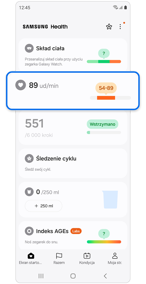 Ekran główny aplikacji Samsung Health.