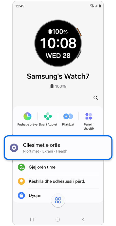 Ekrani bazë i Galaxy Watch në aplikacionin Galaxy Wearable.