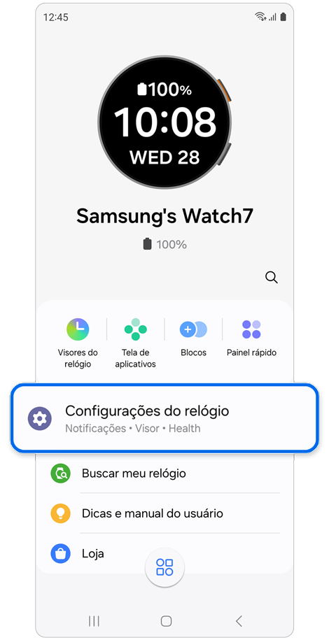 A tela inicial do Galaxy Watch no app Galaxy Wearable.