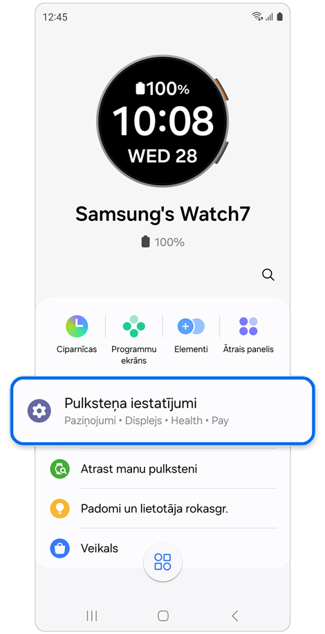Galaxy Watch sākuma ekrāns lietotnē Galaxy Wearable.