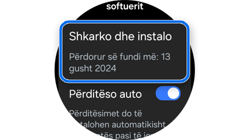 Opsioni për të shkarkuar dhe instaluar përditësime në një Galaxy Watch.