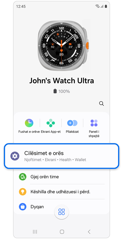 Ekrani kryesor i aplikacionit Galaxy Wearable për një Galaxy Watch.