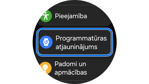 Opcija “Programmatūras atjauninājums” Galaxy Watch sadaļā “Iestatījumi”.