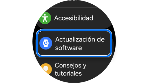 Opción de “actualización de software” en “Configuración” de Galaxy Watch.