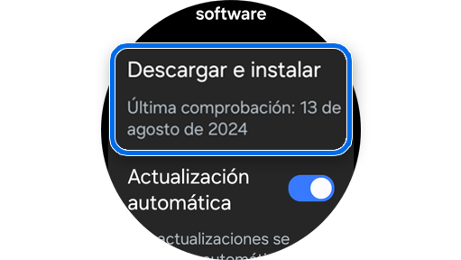 Opción para descargar e instalar actualizaciones en un Galaxy Watch.