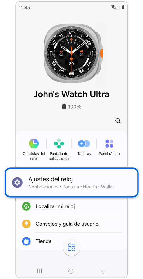 Pantalla de inicio de la aplicación Galaxy Wearable para un Galaxy Watch.