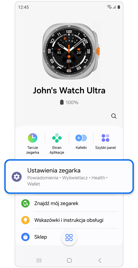 Ekran główny aplikacji Galaxy Wearable na zegarku Galaxy Watch.