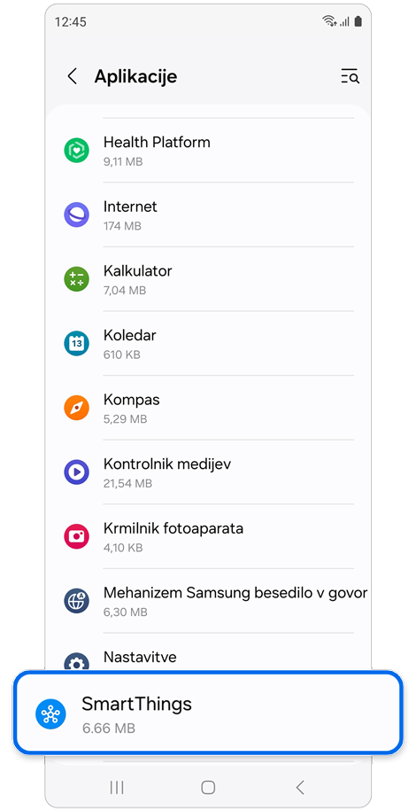 Seznam aplikacij na uri Galaxy Watch.