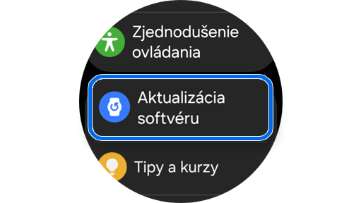 Možnosť „Aktualizácia softvéru“ vo funkcii „Nastavenia“ hodiniek Galaxy Watch.