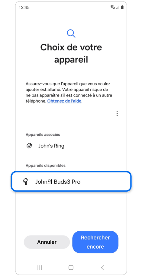Écran du choix de votre appareil.