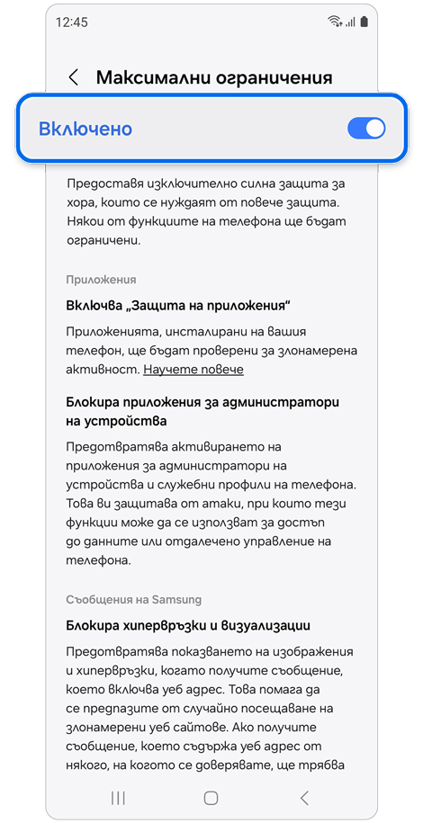 Страница с настройки на Максимални ограничения