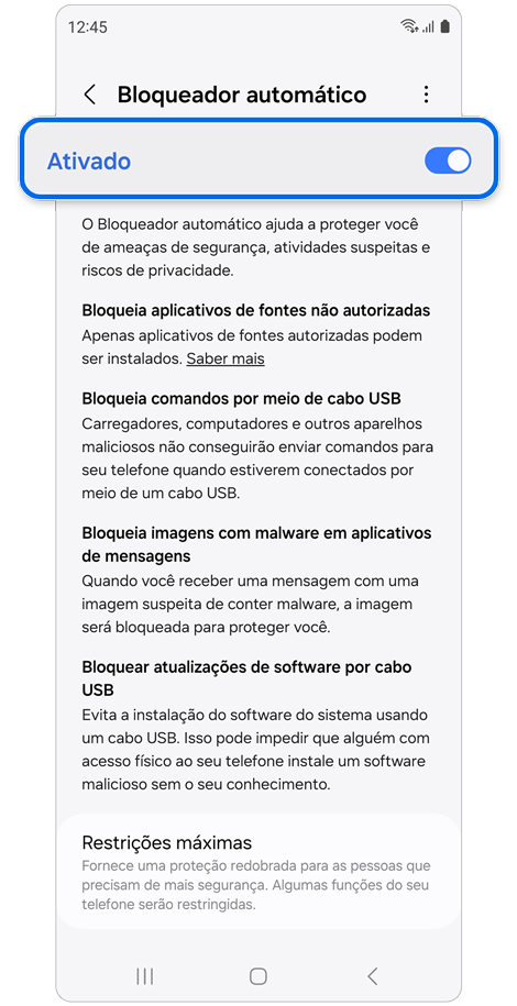 Tela de configurações do Bloqueador automático.