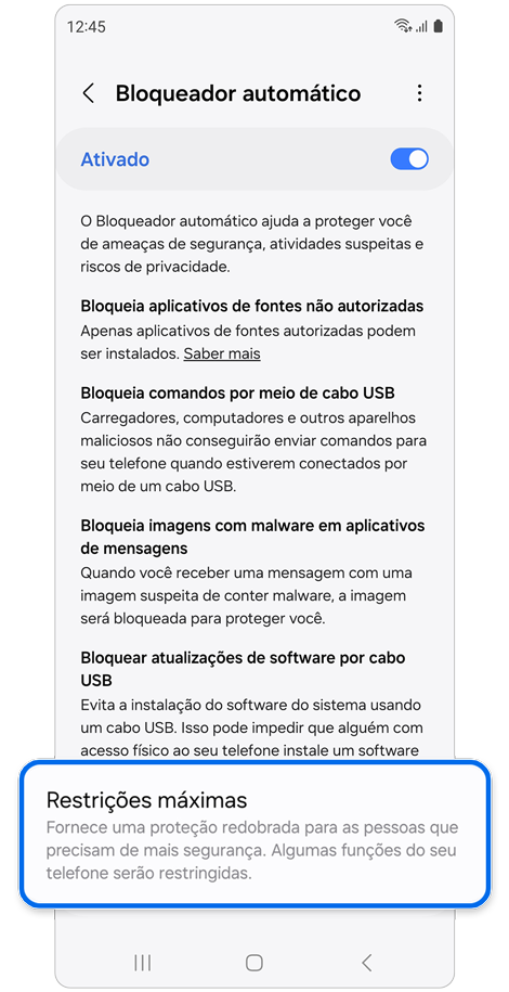 Página de configurações do Bloqueador Automático