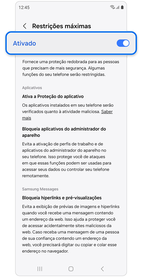 Página de configurações de restrições máximas