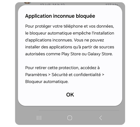 Alerte contextuelle avertissant d'une tentative d'installation à partir d'une source inconnue.