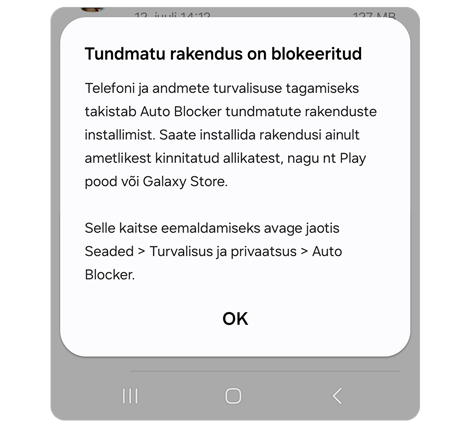 Hüpikaken hoiatusega rakenduse installimise kohta tundmatust allikast.