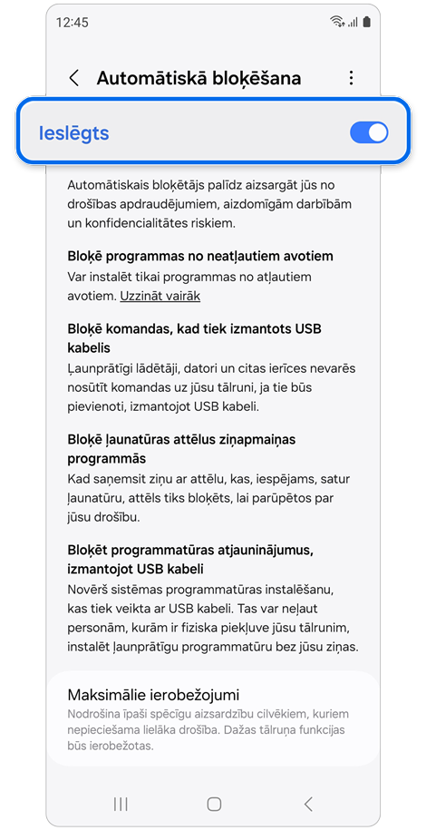 Funkcijas Automātiskā bloķēšana iestatījumu ekrāns.