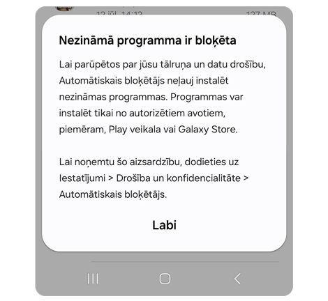 Uznirstošais brīdinājums par lietotnes instalēšanu no nezināma avota.