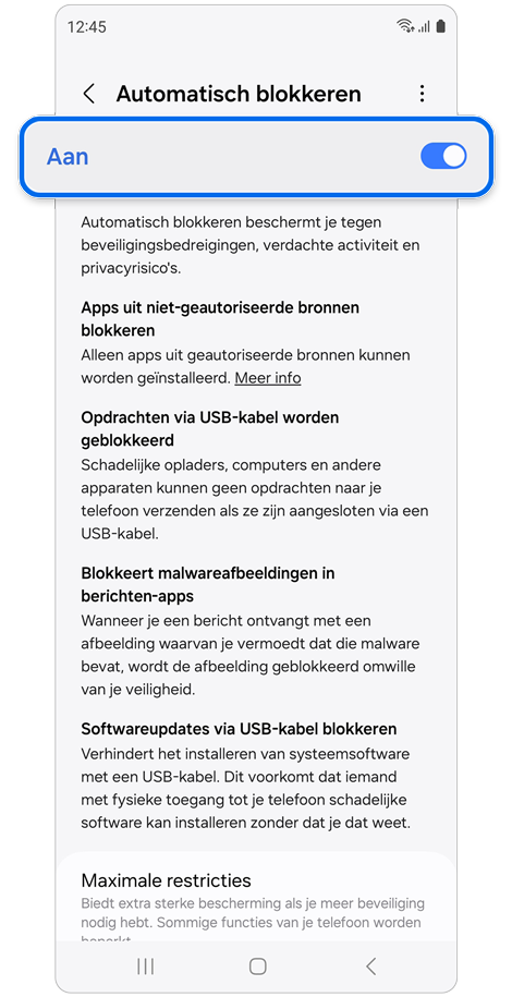 Instellingenscherm voor de Automatisch blokkeren.