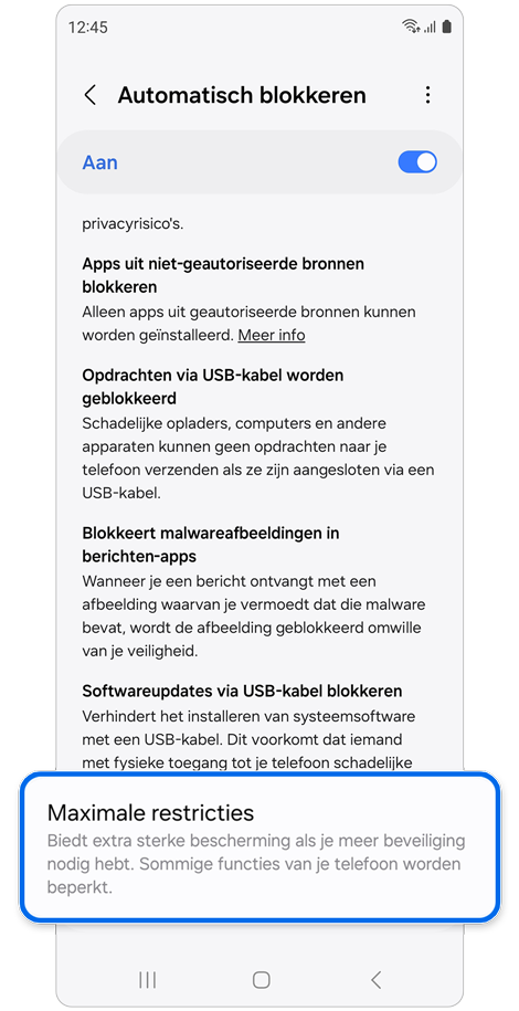 Instellingenpagina voor Automatisch blokkeren