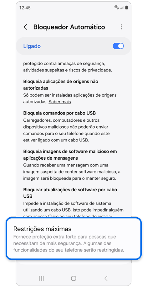 Página de definições do Bloqueador Automático