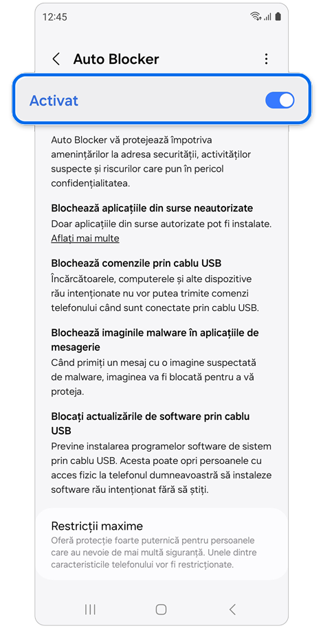 Ecranul de setări Auto Blocker.