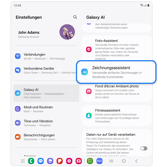 Startbildschirm von Einstellungen