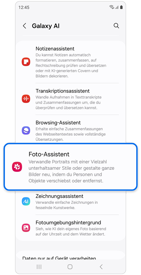 Optionen der Funktion Galaxy AI