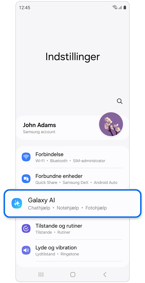 Startskærm for Indstillinger