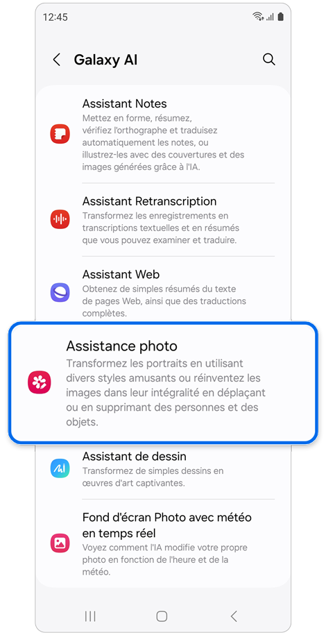 Écran d'accueil du menu Galaxy AI.