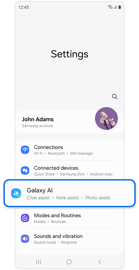 Settings home screen