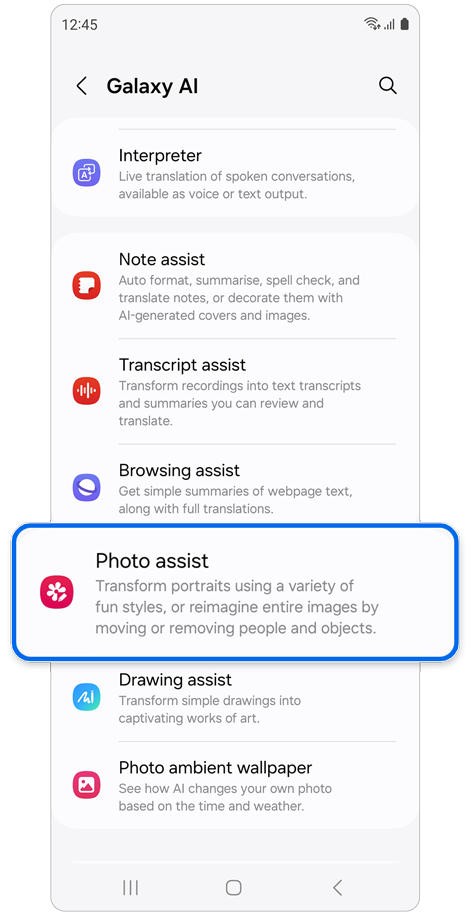 Galaxy AI feature options
