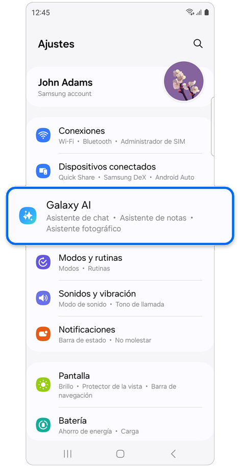 Página de inicio de ajustes