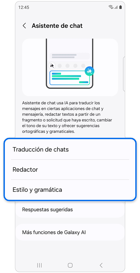 Página de ajustes de Asistente de chat