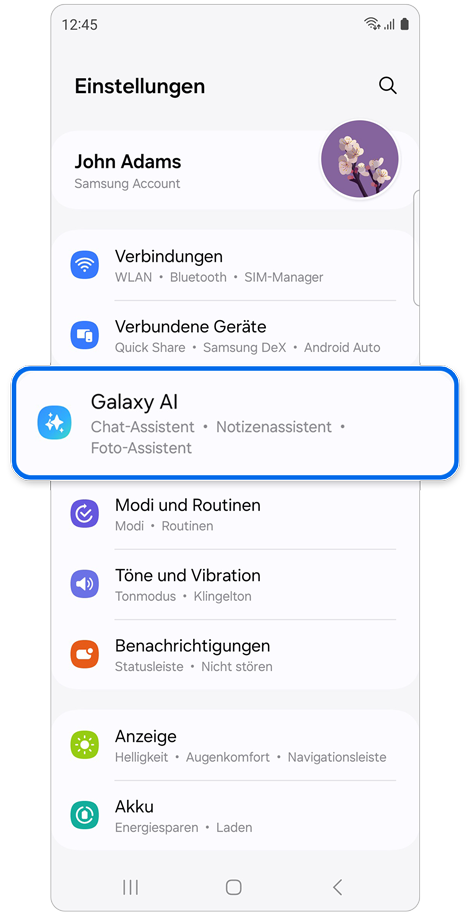 Startseite der Einstellungen