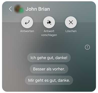 Nachricht und vorgeschlagene Antworten.