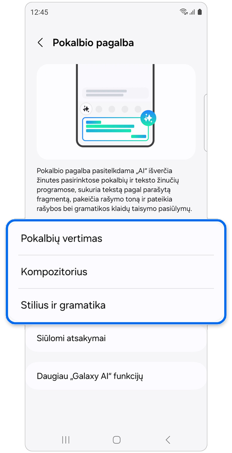 „Pokalbio pagalbos“ nustatymų puslapis