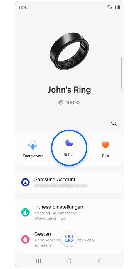 Startseite mit Samsung Health Einstellungen