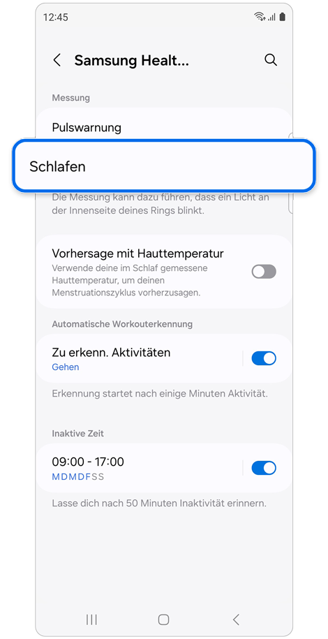 Startseite mit Samsung Health Einstellungen