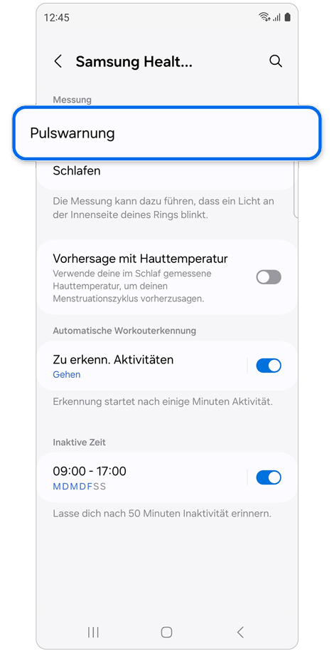 Startseite mit Samsung Health Einstellungen
